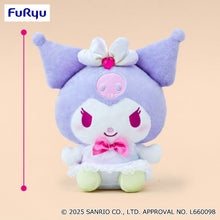Cute plush toy with purple hair and pink accents on a beige background, featuring the Furyu logo.